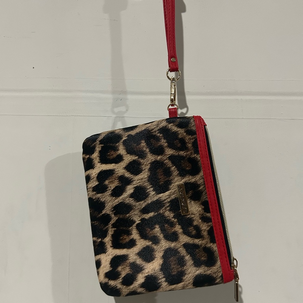 Joan & David Leopard Print Wristlet with Red Trim
